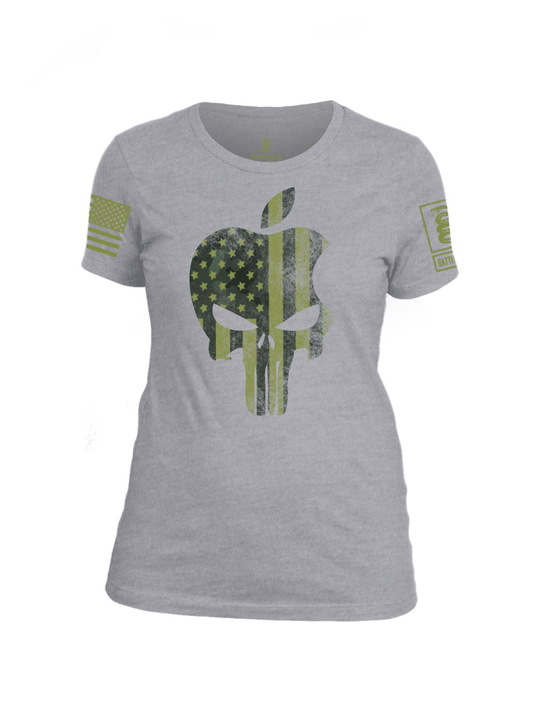 Battleraddle Mr. Expounder Apple Skull Camo Flag Green Sleeve Print Womens Cotton Crew Neck T Shirt