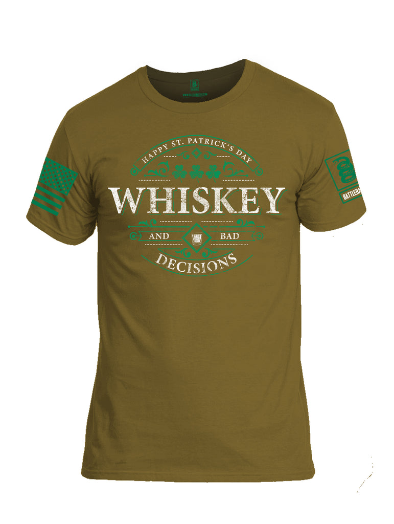 Battleraddle Happy ST. Patrick's Day Whiskey And Bad Decisions Green Sleeve Print Mens Cotton Crew Neck T Shirt