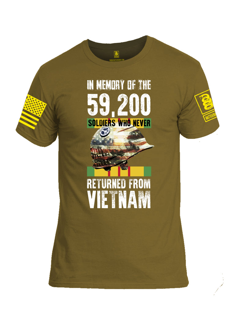Battleraddle In Memory Of The 59,200 Soldiers Who Never Returned From Vietnam Yellow Sleeve Print Mens Cotton Crew Neck T Shirt