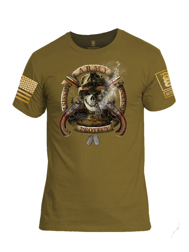 Battleraddle Army Assist Defend Protect Brass Sleeve Print Mens Cotton Crew Neck T Shirt - Battleraddle® LLC