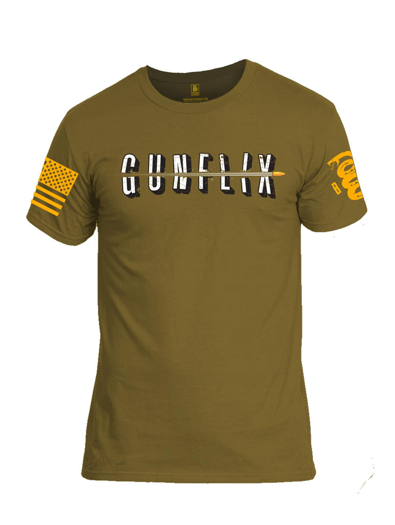 Battleraddle Gunflix Orange Sleeve Print Mens Cotton Crew Neck T Shirt