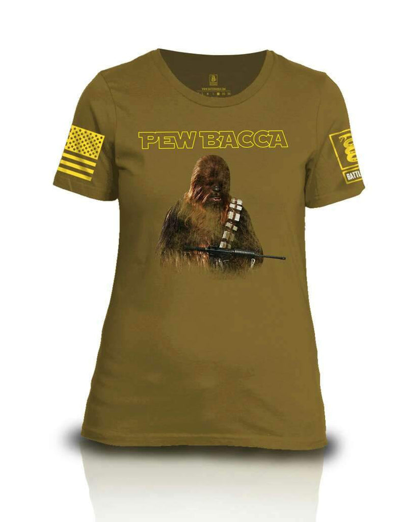 Battleraddle Pew Bacca Yellow Sleeve Print Womens Cotton Crew Neck T Shirt shirt|custom|veterans|Apparel-Womens T Shirt-cotton