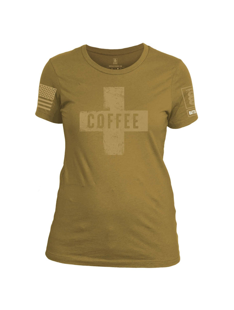 Battleraddle Coffee Cross Brass Sleeve Print Womens Cotton Crew Neck T Shirt shirt|custom|veterans|Apparel-Womens T Shirt-cotton