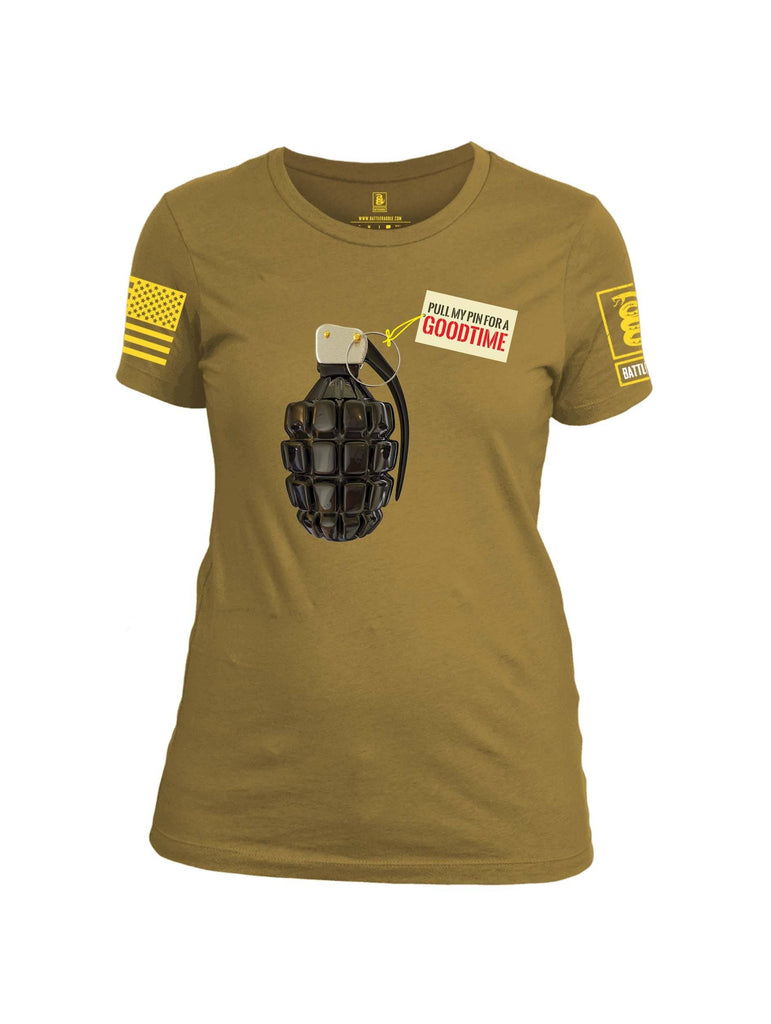 Battleraddle Pull My Pin For A Goodtime Yellow Sleeve Print Womens Cotton Crew Neck T Shirt shirt|custom|veterans|Apparel-Womens T Shirt-cotton