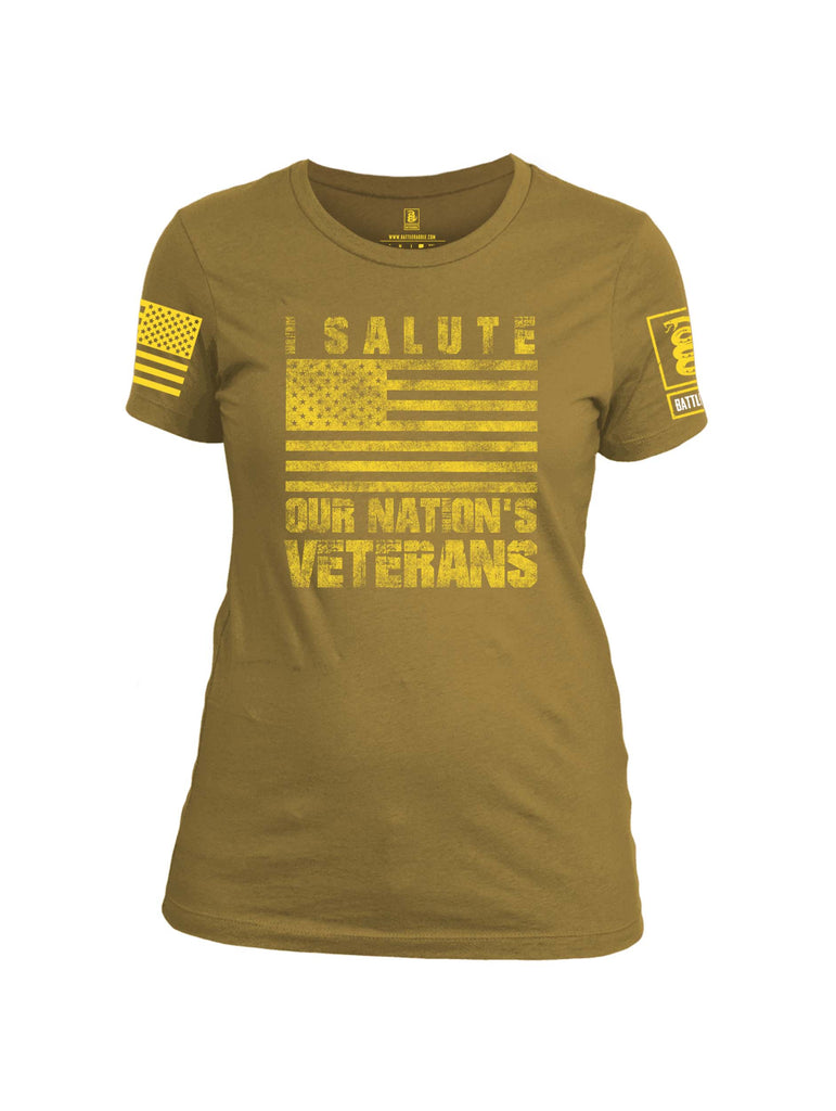 Battleraddle I Salute Our Nation's Veterans Yellow Sleeve Print Womens Cotton Crew Neck T Shirt