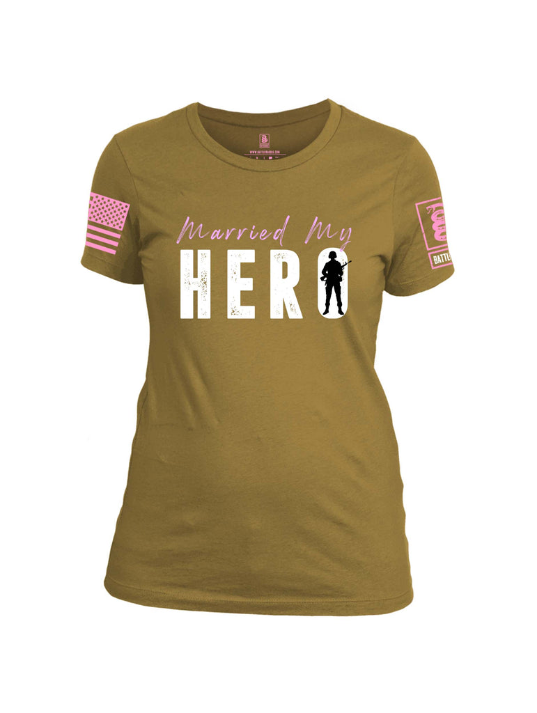 Battleraddle Married My Hero Pink Sleeve Print Womens Cotton Crew Neck T Shirt