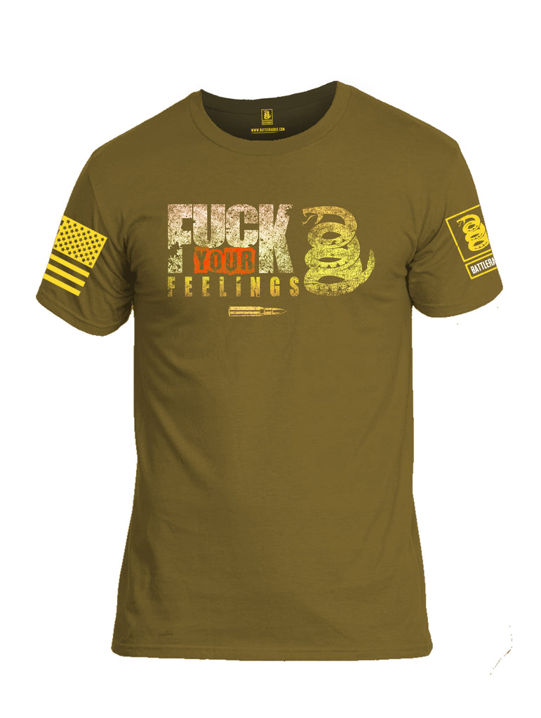 Battleraddle Fuck Your Feelings Yellow Sleeve Print Mens Cotton Crew Neck T Shirt