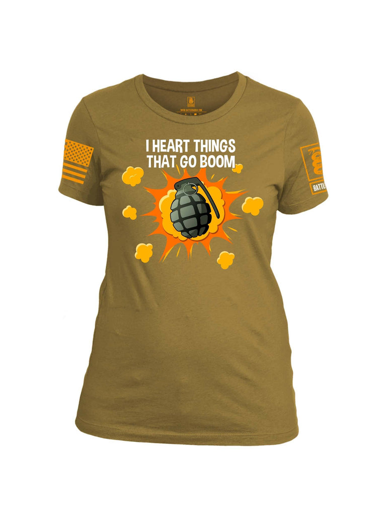 Battleraddle I Heart Things That Go Boom Orange Sleeve Print Womens Cotton Crew Neck T Shirt shirt|custom|veterans|Apparel-Womens T Shirt-cotton