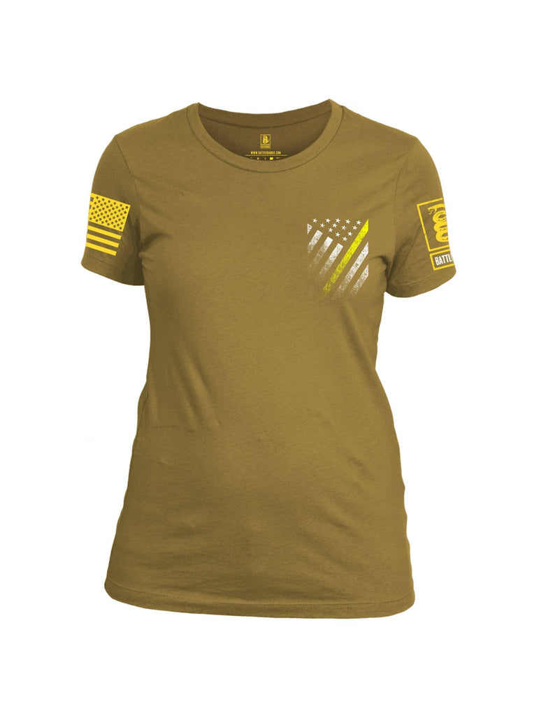 Battleraddle USA Yellow Thin Line Series Flag Yellow Sleeve Print Womens Cotton Crew Neck T Shirt shirt|custom|veterans|Apparel-Womens T Shirt-cotton