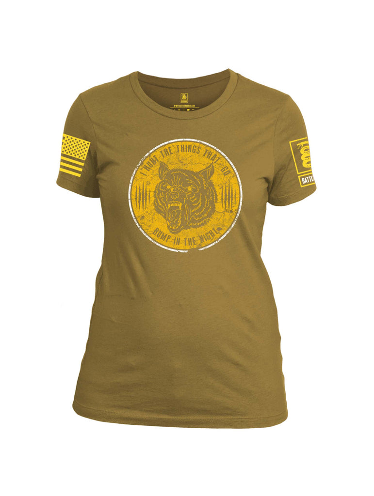 Battleraddle  I Hunt The Things That Go Bump In The Night Yellow Sleeve Print Womens Cotton Crew Neck T Shirt