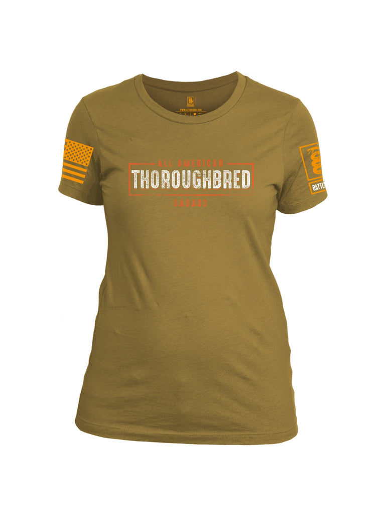Battleraddle All American Thoroughbred Badass Orange Sleeve Print Womens Cotton Crew Neck T Shirt