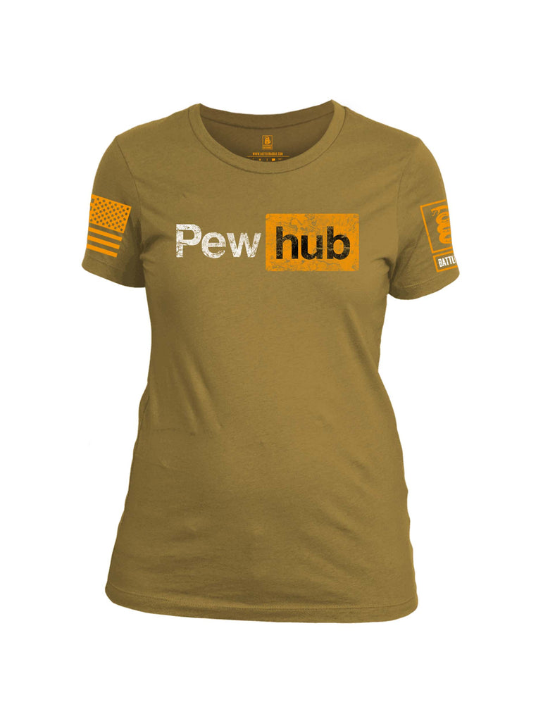 Battleraddle Pew Hub Orange Sleeve Print Womens Cotton Crew Neck T Shirt