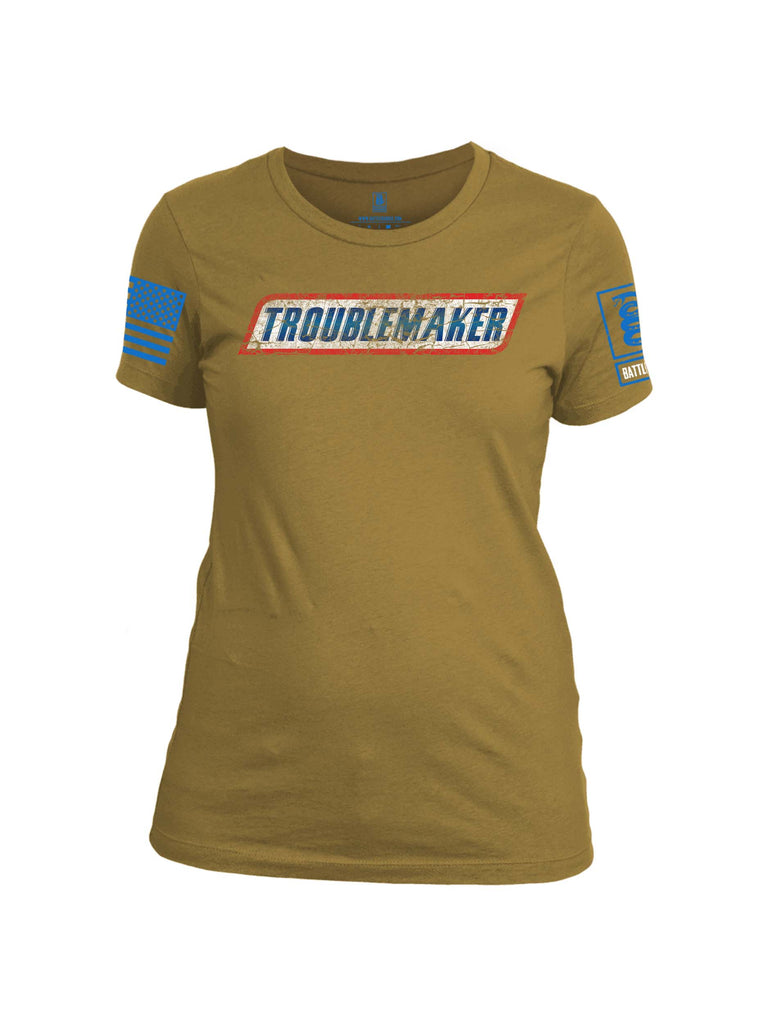 Battleraddle Troublemaker Blue Sleeve Print Womens Cotton Crew Neck T Shirt