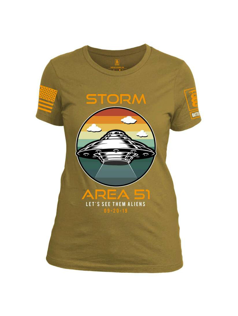 Battleraddle Storm Area 51 Let's See Them Aliens Orange Sleeve Print Womens Cotton Crew Neck T Shirt