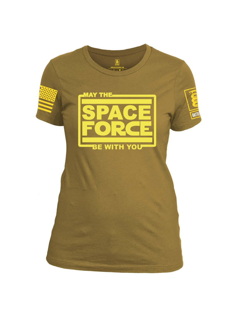 Battleraddle May The Space Force Be With You Yellow Sleeve Print Womens Cotton Crew Neck T Shirt shirt|custom|veterans|Apparel-Womens T Shirt-cotton