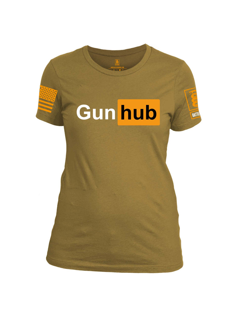 Battleraddle Gun Hub Orange Sleeve Print Womens Cotton Crew Neck T Shirt