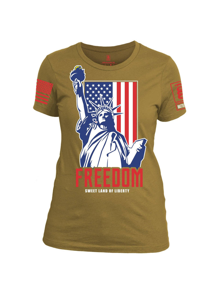 Battleraddle Freedom Sweet Land Of Liberty Red Sleeve Print Womens Cotton Crew Neck T Shirt shirt|custom|veterans|Apparel-Womens T Shirt-cotton