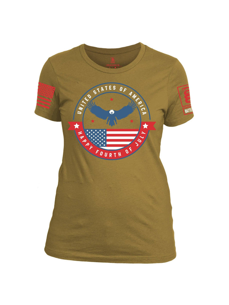 Battleraddle USA Happy Fourth of July Red Sleeve Print Womens Cotton Crew Neck T Shirt shirt|custom|veterans|Apparel-Womens T Shirt-cotton