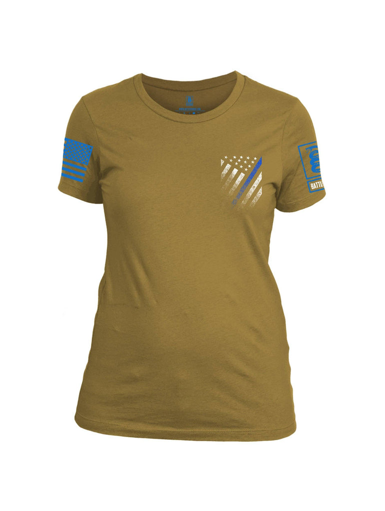 Battleraddle USA Blue Thin Line Series Flag Blue Sleeve Print Womens Cotton Crew Neck T Shirt shirt|custom|veterans|Apparel-Womens T Shirt-cotton
