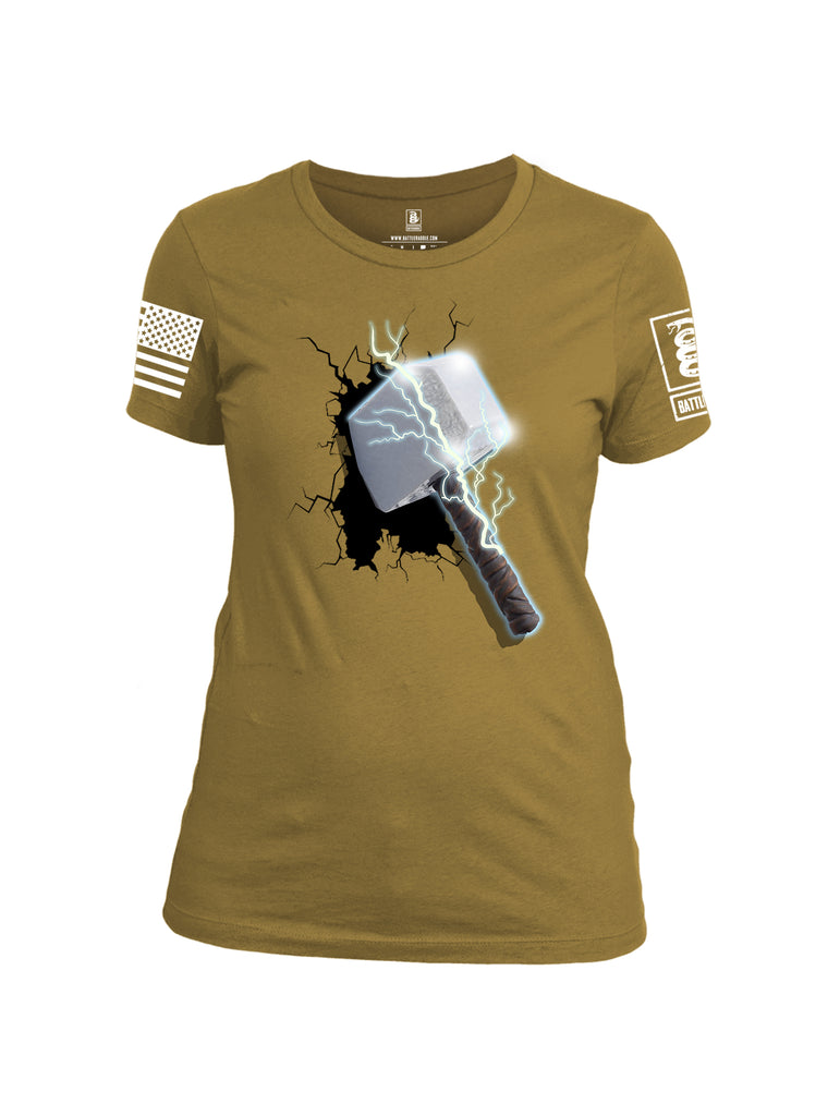 Battleraddle Thorific Hammer White Sleeve Print Womens Cotton Crew Neck T Shirt