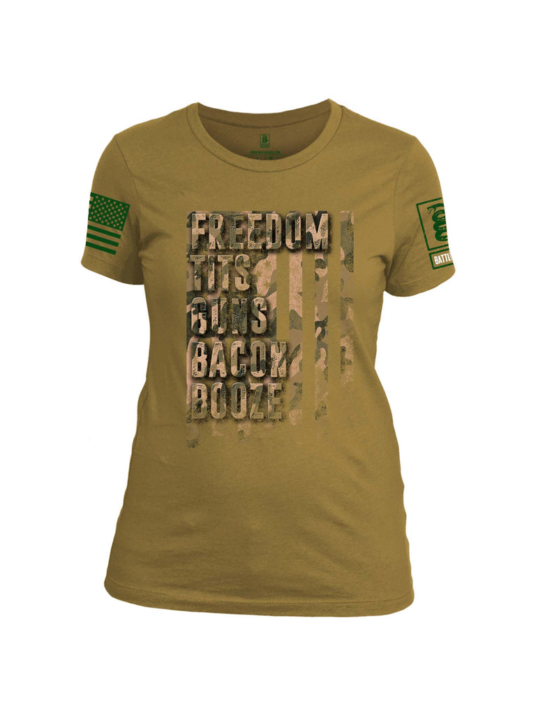 Battleraddle Freedom Tits Guns Bacon Booze Green Sleeve Print Womens Cotton Crew Neck T Shirt