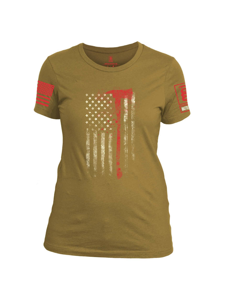 Battleraddle Firefighter Axe USA Flag Red Sleeve Print Womens Cotton Crew Neck T Shirt shirt|custom|veterans|Apparel-Womens T Shirt-cotton