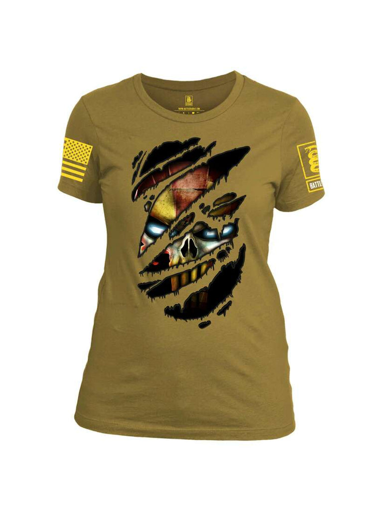 Battleraddle Mr Expounder Iron Skull Ripped Yellow Sleeve Print Womens Cotton Crew Neck T Shirt