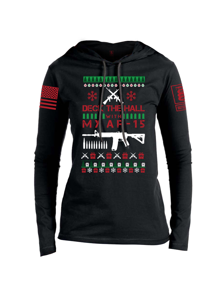 Battleraddle Deck The Hall With My AR 15 Christmas Holiday Ugly Red Sleeve Print Womens Thin Cotton Lightweight Hoodie