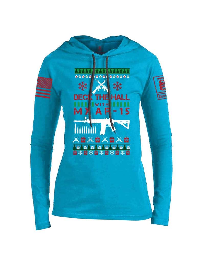 Battleraddle Deck The Hall With My AR 15 Christmas Holiday Ugly Red Sleeve Print Womens Thin Cotton Lightweight Hoodie