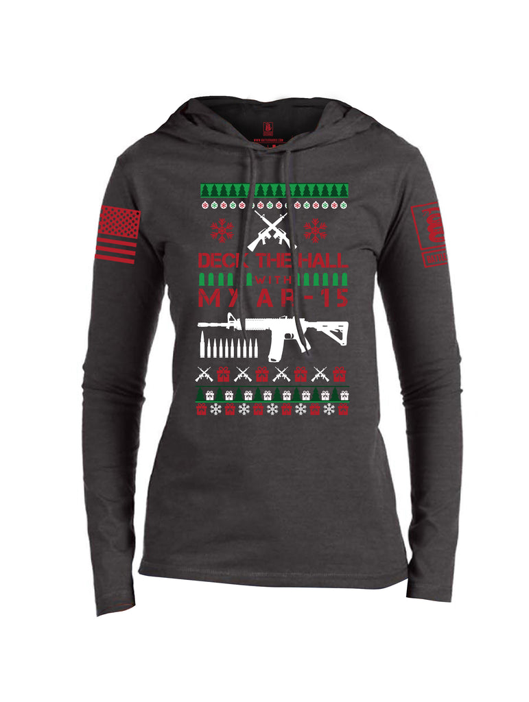 Battleraddle Deck The Hall With My AR 15 Christmas Holiday Ugly Red Sleeve Print Womens Thin Cotton Lightweight Hoodie