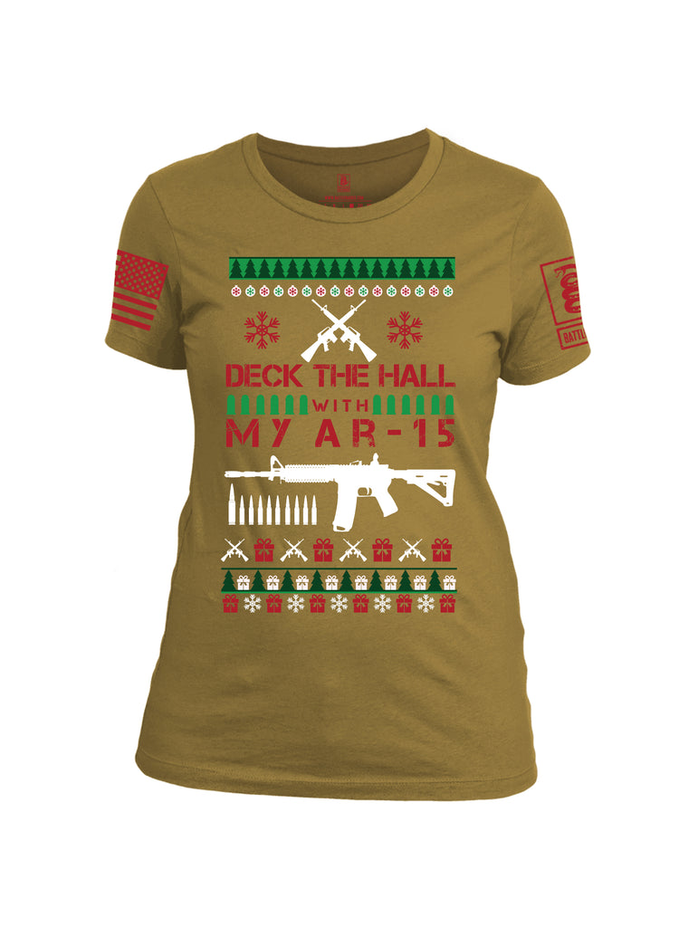 Battleraddle Deck The Hall With My AR 15 Christmas Holiday Ugly Red Sleeve Print Womens Cotton Crew Neck T Shirt