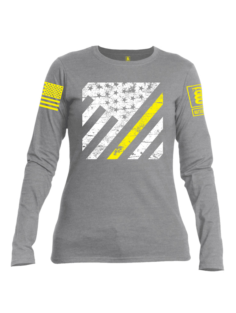 Battleraddle Vertical USA Flag Yellow Line Yellow Sleeve Print Womens Cotton Long Sleeve Crew Neck T Shirt