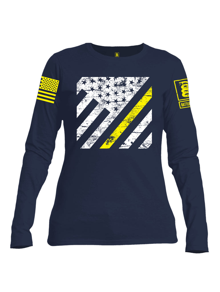 Battleraddle Vertical USA Flag Yellow Line Yellow Sleeve Print Womens Cotton Long Sleeve Crew Neck T Shirt