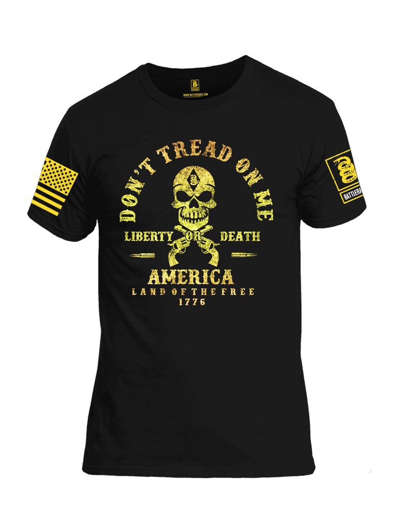 Battleraddle Don't Tread On Me Liberty Or Death America Land Of The Free 1776 Yellow Sleeve Print Mens Cotton Crew Neck T Shirt
