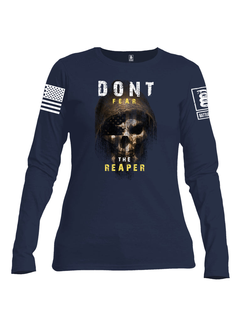 Battleraddle Dont Fear The Reaper White Sleeve Print Womens Cotton Long Sleeve Crew Neck T Shirt
