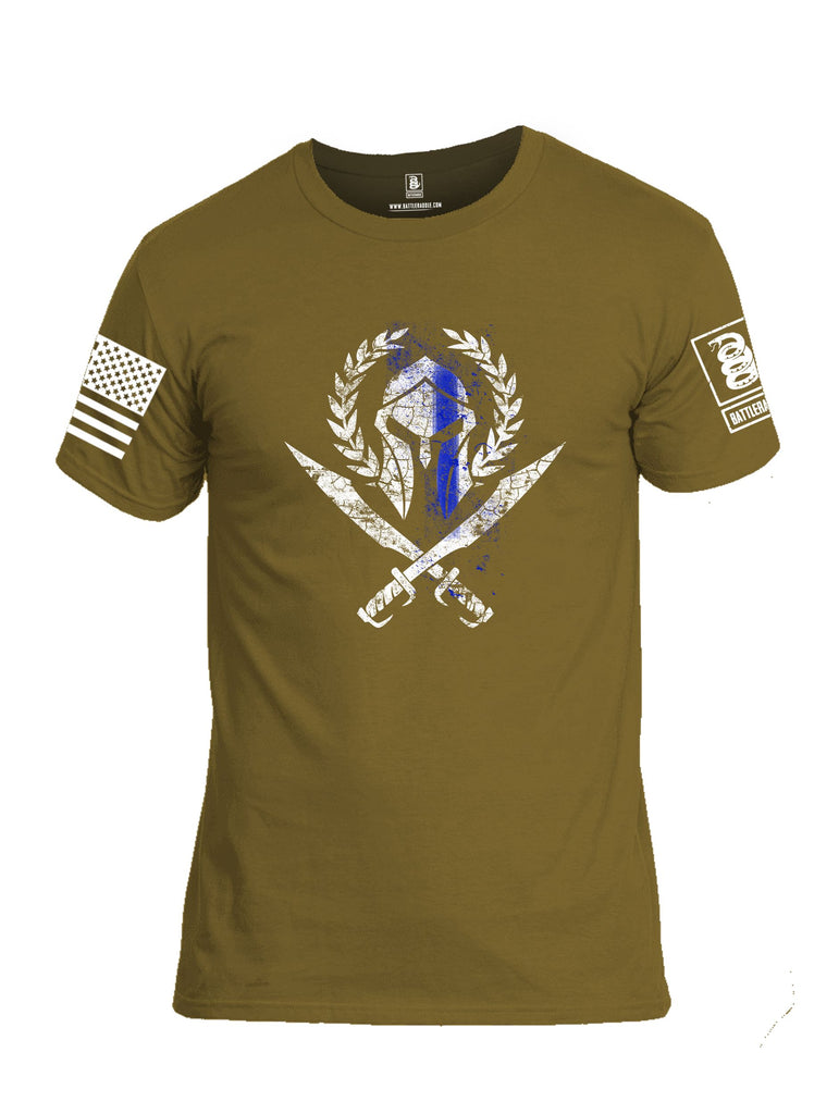 Battleraddle Spartan Blue Line Crest White Sleeves Men Cotton Crew Neck T-Shirt