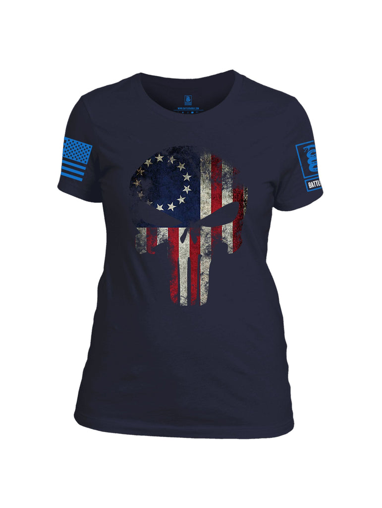 Battleraddle Patriot Skull Usa Flag Mid Blue Sleeves Women Cotton Crew Neck T-Shirt