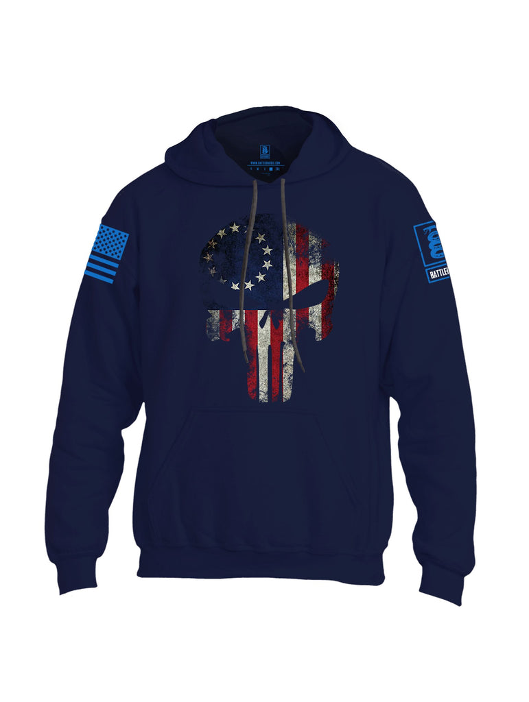 Battleraddle Patriot Skull Usa Flag Mid Blue Sleeves Uni Cotton Blended Hoodie With Pockets