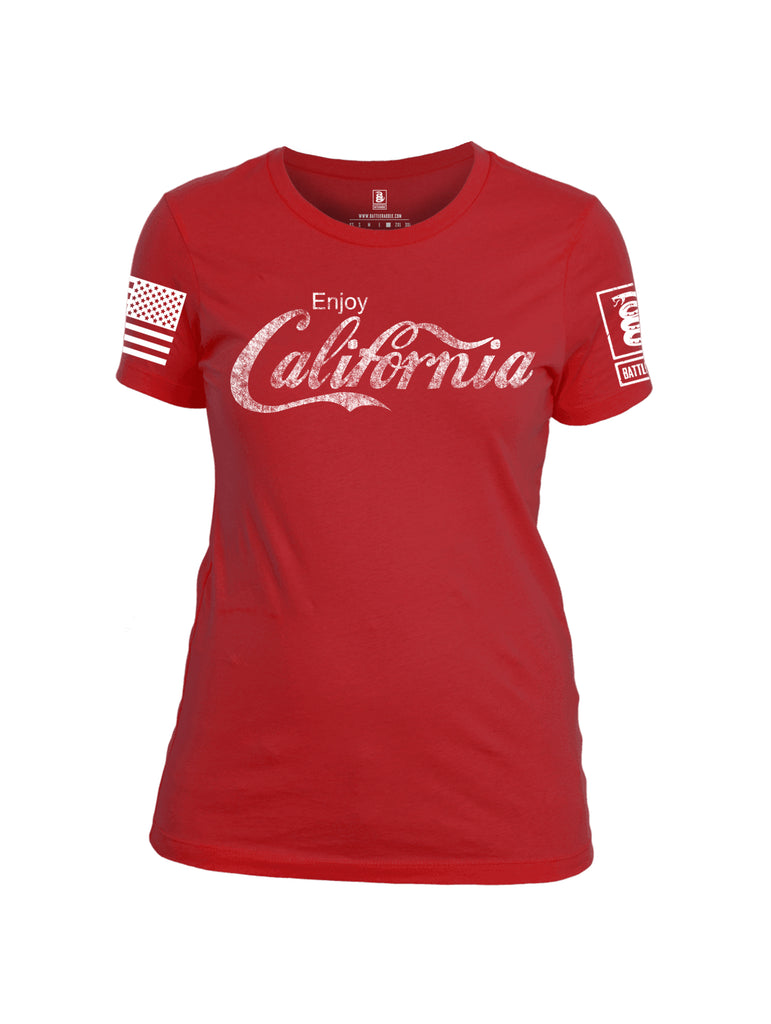Battleraddle Enjoy California White Sleeve Print Womens Cotton Crew Neck T Shirt