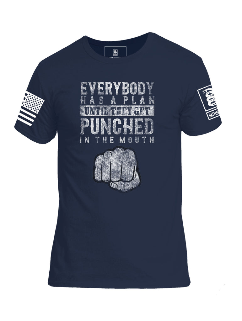 Battleraddle Everybody Has A Plan Until They Get Punched In The Mouth White Sleeve Print Mens Cotton Crew Neck T Shirt
