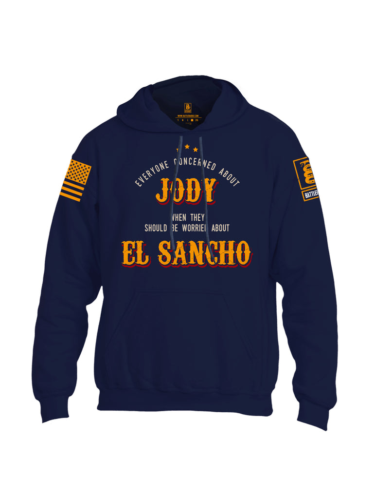 Battleraddle Everyone Concerned About Jody When They Should Be Worried About El Sancho Orange Sleeve Print Mens Blended Hoodie With Pockets