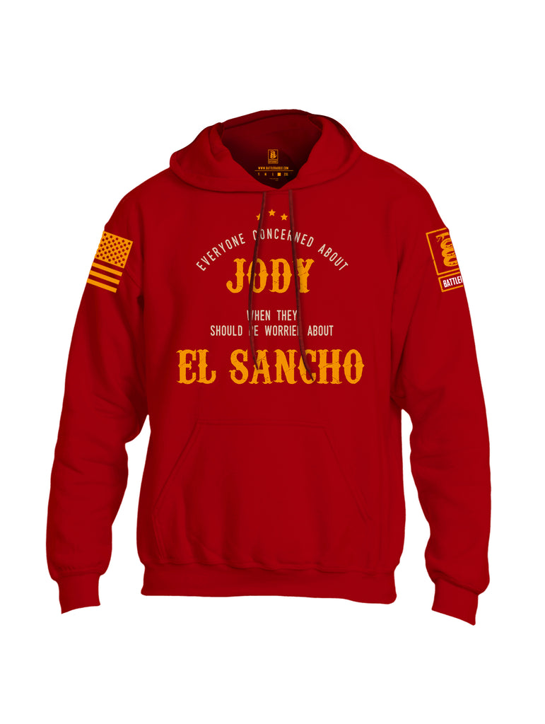 Battleraddle Everyone Concerned About Jody When They Should Be Worried About El Sancho Orange Sleeve Print Mens Blended Hoodie With Pockets