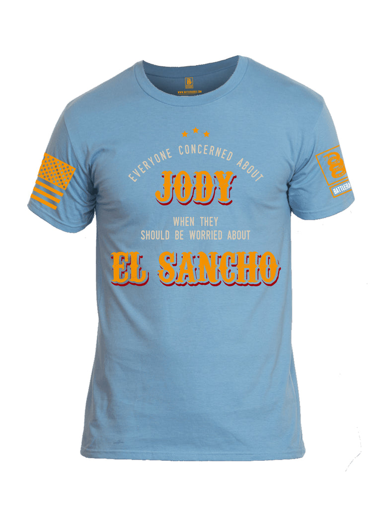 Battleraddle Everyone Concerned About Jody When They Should Be Worried About El Sancho Orange Sleeve Print Mens Cotton Crew Neck T Shirt