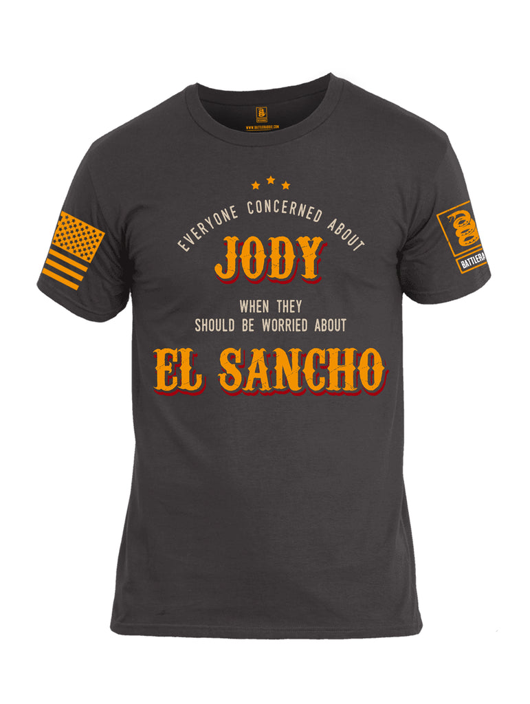 Battleraddle Everyone Concerned About Jody When They Should Be Worried About El Sancho Orange Sleeve Print Mens Cotton Crew Neck T Shirt