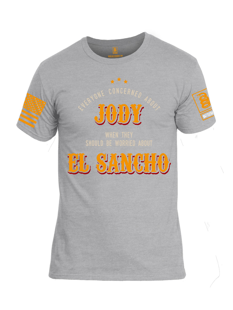 Battleraddle Everyone Concerned About Jody When They Should Be Worried About El Sancho Orange Sleeve Print Mens Cotton Crew Neck T Shirt