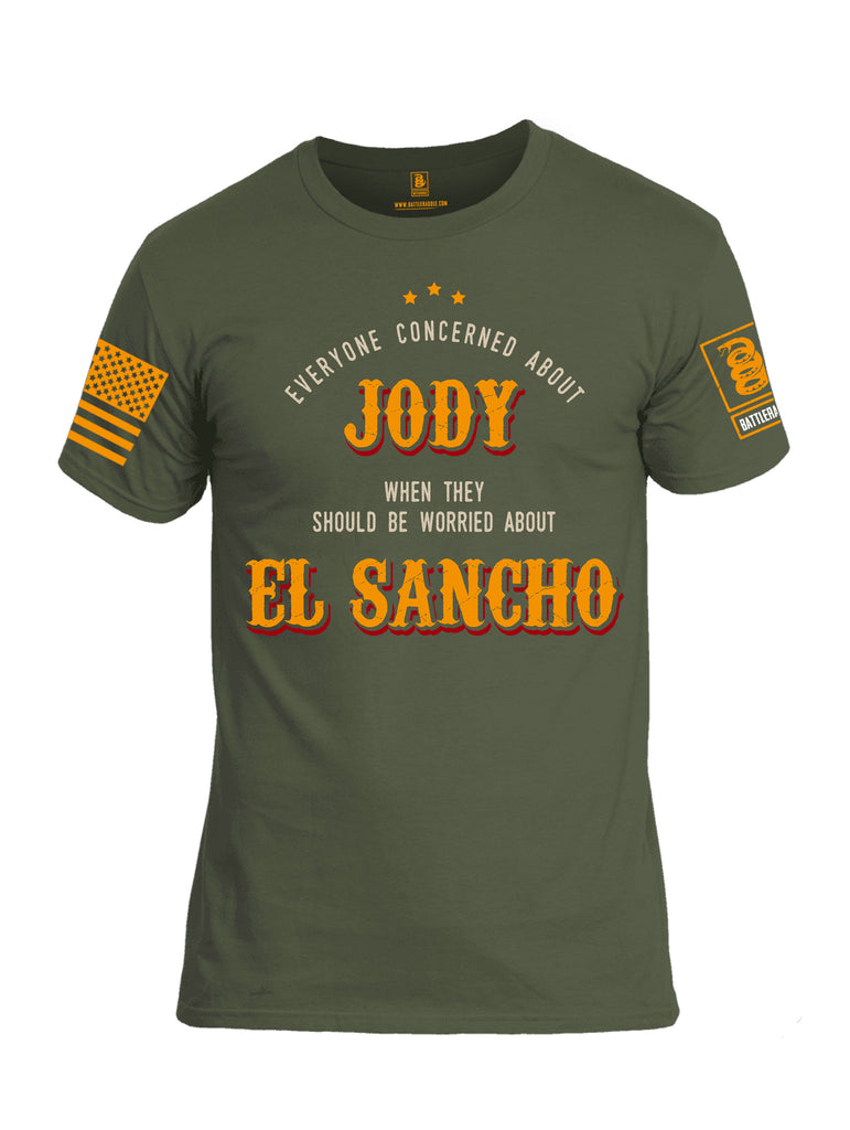 Battleraddle Everyone Concerned About Jody When They Should Be Worried About El Sancho Orange Sleeve Print Mens Cotton Crew Neck T Shirt