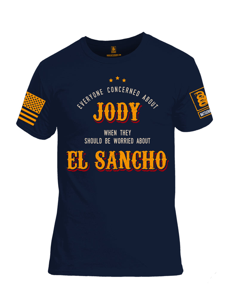 Battleraddle Everyone Concerned About Jody When They Should Be Worried About El Sancho Orange Sleeve Print Mens Cotton Crew Neck T Shirt