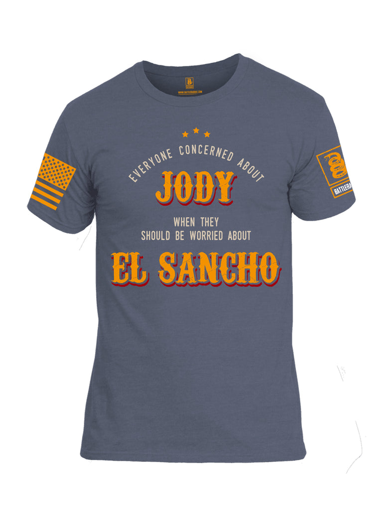 Battleraddle Everyone Concerned About Jody When They Should Be Worried About El Sancho Orange Sleeve Print Mens Cotton Crew Neck T Shirt