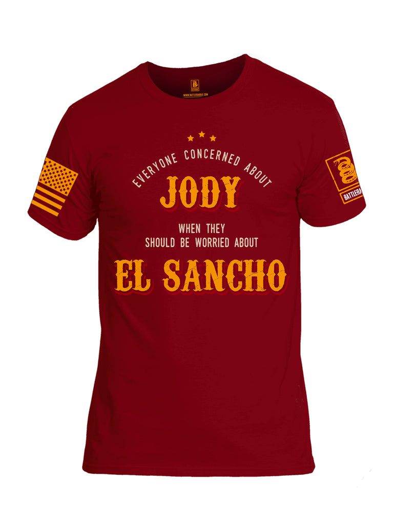 Battleraddle Everyone Concerned About Jody When They Should Be Worried About El Sancho Orange Sleeve Print Mens Cotton Crew Neck T Shirt