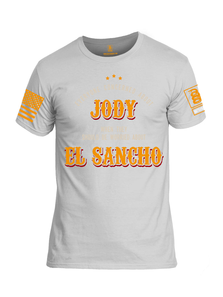 Battleraddle Everyone Concerned About Jody When They Should Be Worried About El Sancho Orange Sleeve Print Mens Cotton Crew Neck T Shirt